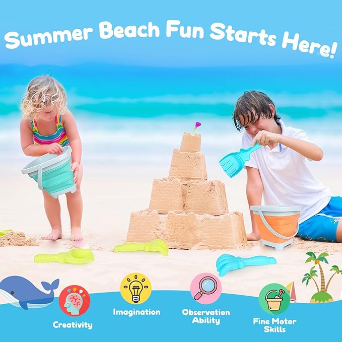 USATDD Beach Toys for Kids with Collapsible Bucket, Sand Rake and Shovel, Collapsible Beach Bucket Travel Sand Toys for Toddlers Kids