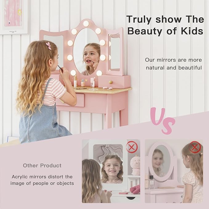 labebe Kids Vanity, Girls Vanity Desk with LED Changing Lights, Pretend Play Princess Vanity Set, Wooden Toddler Makeup Desk Dressing Table with Drawer and Chair (Pink)