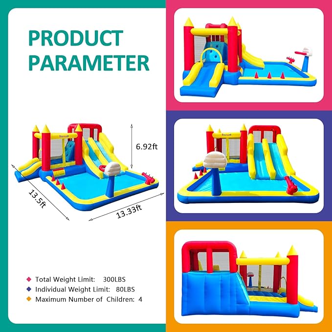 Inflatable Bounce House with Double Slide, Water Bounce Castle with Slide,Water Slide with Splash Pool, Water Cannon, Climbing Wall, Basketball Hoop, Backyard Water Slide for Kids
