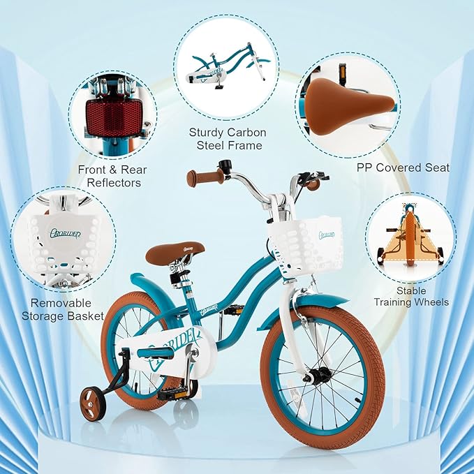 BABY JOY Kids Bike, 12 14 16 18 20 Inch Boys Girls Bike w/Adjustable Seat, Removable Basket, Handbrake & Coaster Brake, Training Wheels or Kickstand, Kids Bicycle with Multi-Color