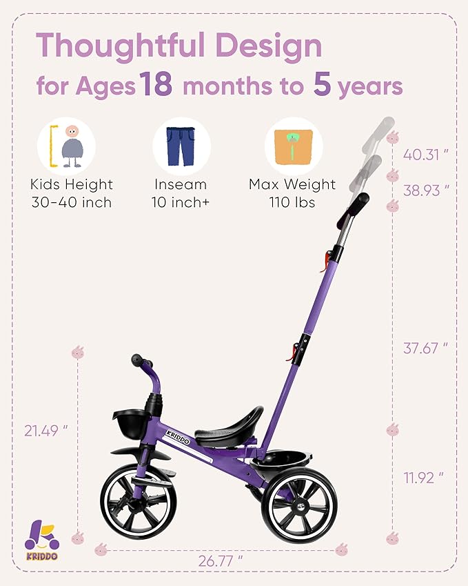 KRIDDO 2-in-1 Toddler Tricycle for Ages 18 Months to 5 Years Old - Extended Push Handle for Effortless Push, Gift Trike for Toddler 3 to 5 Year, Kids Tricycle with Foldable Front Footrest, Purple