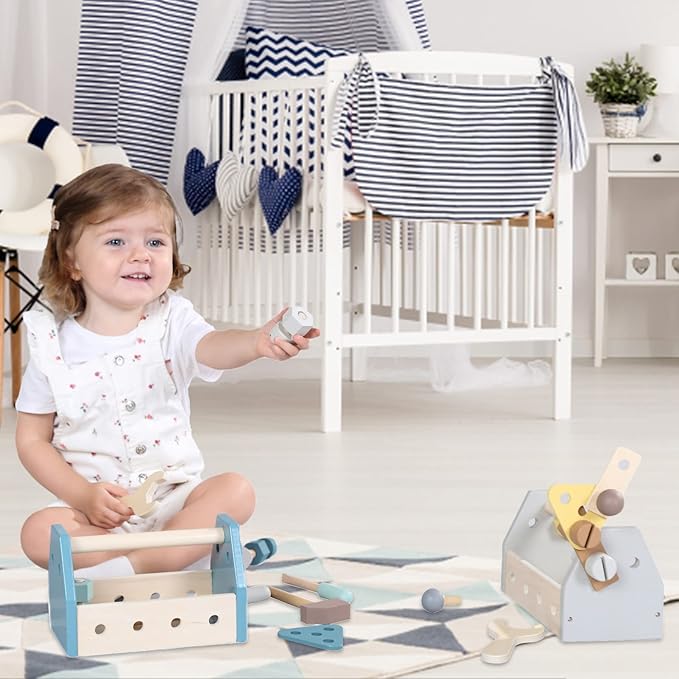 Montessori Wooden Tools Toddler Educational Construction Kids Toys Sets Play Box Preschool Play Tool（Blue）