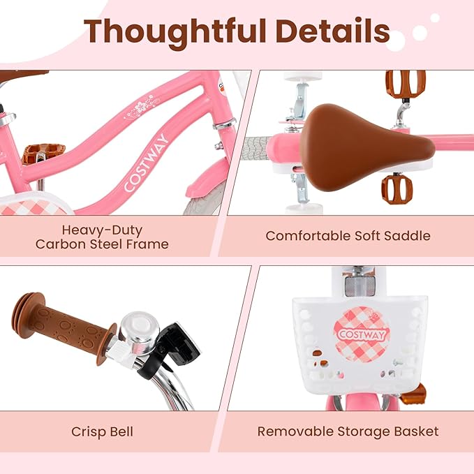 COSTWAY Kids Bike, 12 14 16 18 Inch Toddler Bike Children Bicycle w/Training Wheels, Hand & Coaster Brakes, Adjustable Saddle & Handlebar, Basket, Bell, Kids Bicycle for Girls Boys Aged 3-8 Years Old