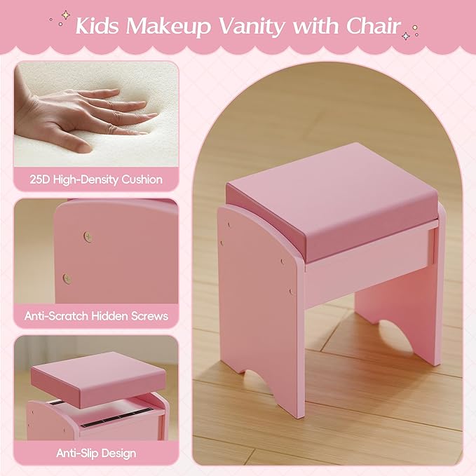 TOLEAD Kids Vanity, Girls Vanity Set with Mirror and Stool and Lights, Toddler Vanity Table and Chair Set with Jewelry Storage, Wooden Princess Makeup Desk Dressing Table for Little Girls (Pink)