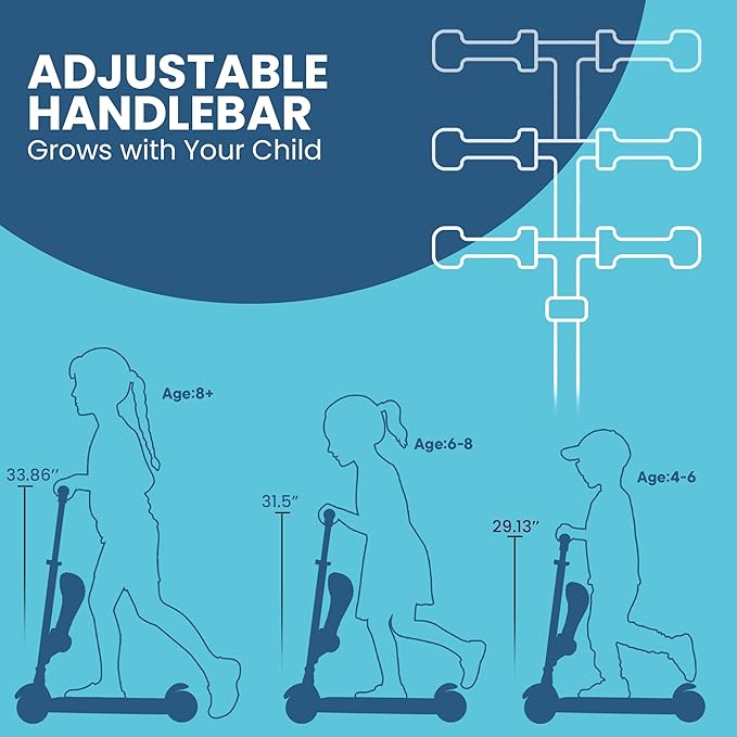 Blue 3 Wheel Scooter with Seat for Kids – Light-Up LED Wheels, Adjustable Handlebar and Seat, Smooth PU Wheels, Wide Anti-Slip Deck, Rear Foot Brake – Toddler Outdoor Toys for Ages 2+