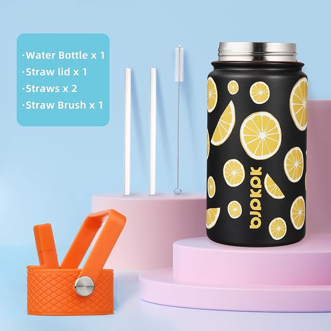 BJPKPK Insulated Water Bottle with Straw Lid, 15 oz Stainless Steel Metal Water Bottles, Reusable Leak Proof BPA Free Thermo, Flask, Cups - Lemon