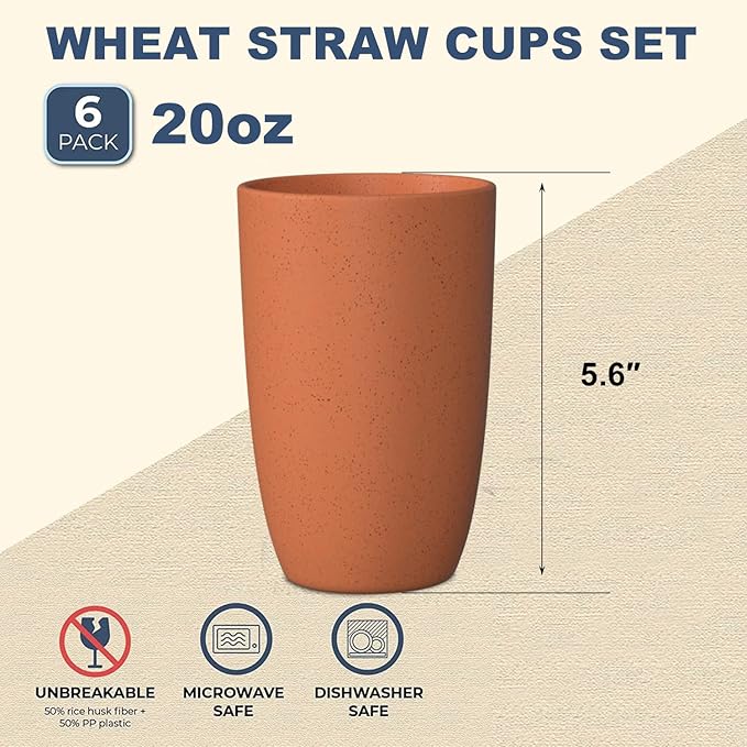 Wheat Straw Cups 6 PCS Good Alternative to Plastic Reusable Cups 20 oz Unbreakable Drinking Cup Reusable Dishwasher Safe Water Plastic Glasses Orange
