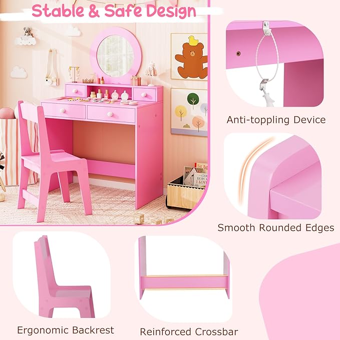 Costzon Kids Vanity, Princess Makeup Dressing Desk with Mirror and Stool, 4 Storage Drawers, Vanity Table and Chair Set for Little Girls (Pink)