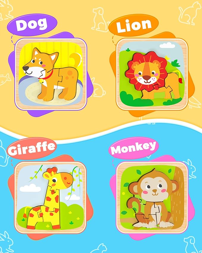 Benresive Wooden Toddler Puzzles, 4pcs Animal Montessori Toys for 1-3 Year Old Boys & Girls, Learning Educational Preschool Toys, Great Gifts for 1 2 3 Year Olds