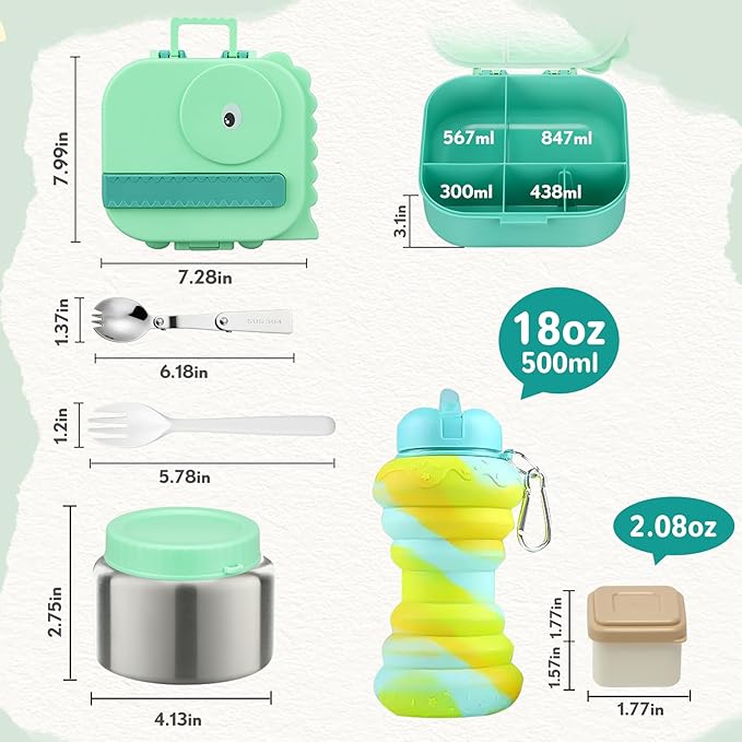 Dinosaur Lunch Box for Kids with Secret Compartment | 4 Compartments Bento Box + 12oz Insulated Food Jar | Leak-Proof Sauce Cup & Collapsible Spoon | BPA-Free, Dishwasher Safe(Green-01)