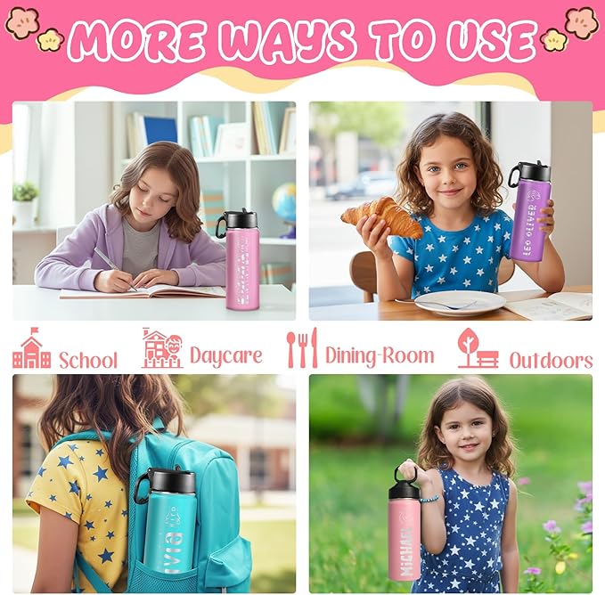 Ships from USA,Personalized Custom Kids Water Bottle Engraved With Name Logo,Custom Insulated Stainless Steel Sports Water Bottle with Straw Lid,Personalized Christmas Gifts for Boys Girls