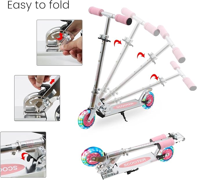 Scooter for Kids with Light up Wheels, 3 Adjustable Levels, Rear Brake