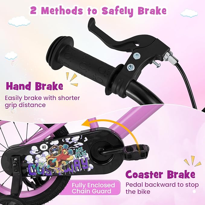 BABY JOY Rabbit Pilot Sporty Kids Bike, 12 14 16 18 Inch Child Bike for 3-8 Years Old with Adjustable Height, Training Wheels, Storage Basket, Handbrake & Coaster Brake, Kids Bicycle for Girls Boys