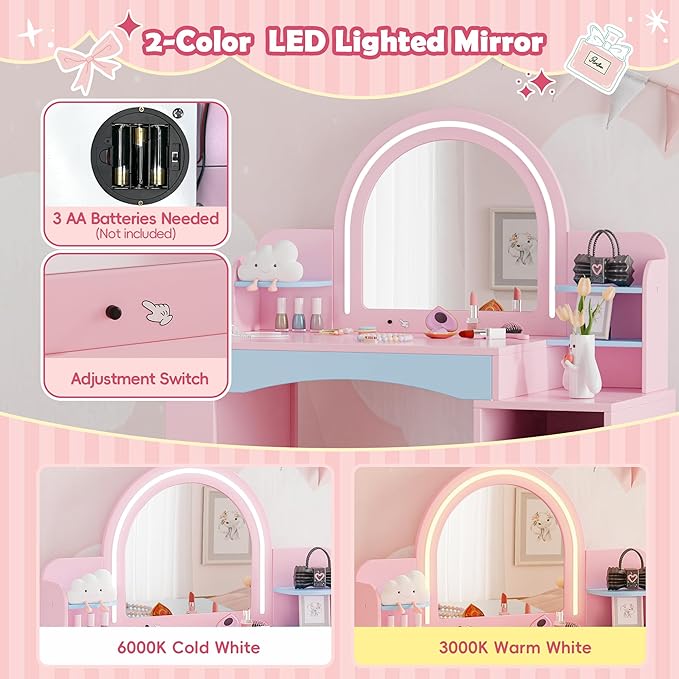 MU Kids Vanity with Lights, Princess Makeup Vanity Desk with Open Bookshelf, Storage Cabinet & Shelves, 2 in 1 Toddler Vanity Table & Chair Set with Lighted Mirror for Little Girls (Blue)