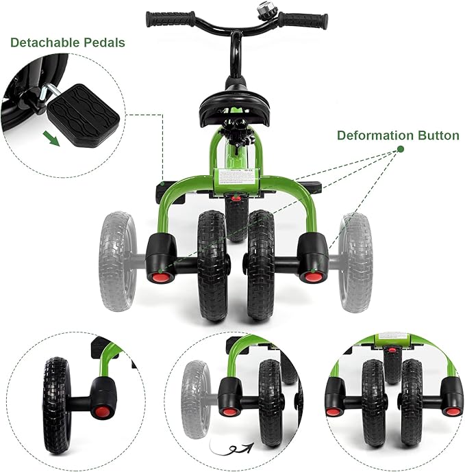 XPIY Tricycle for Toddlers Age 2-5 Years Old, 3 in 1 Folding Toddler Bike for Boys and Girls, Kids' Bike Trike with Detachable Pedal and Adjustable Seat (Green)