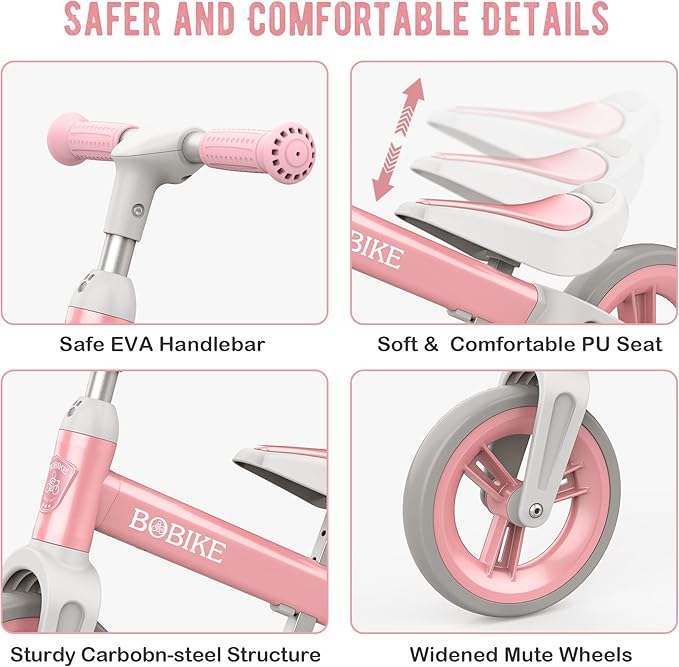 Bobike Toddler Balance Bike Toys for 1 to 4 Year Old Girls Boys Adjustable Seat and Handlebar No-Pedal Training Bike Best Gifts for Kids