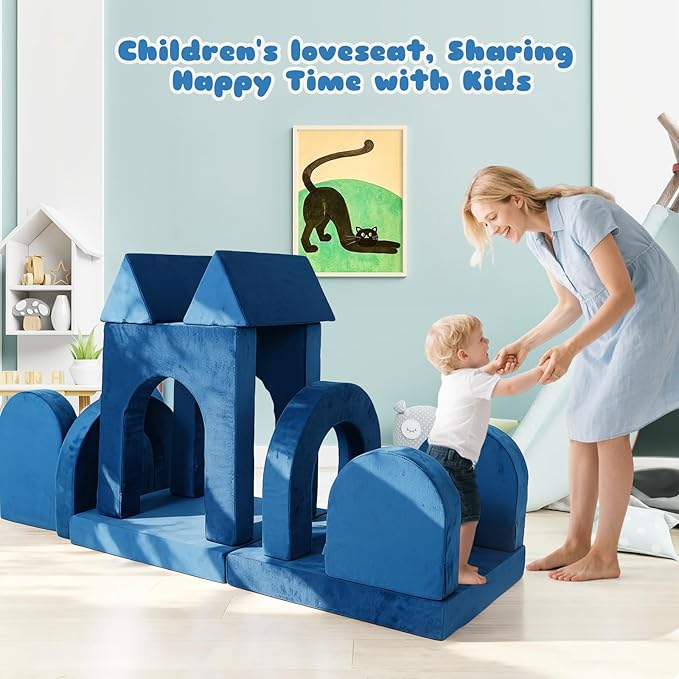 12 Pcs Modular Kids Play Couch, Toddler Couches That Fold Out, Plush Foam Chair for Children’s Playroom, Velvet Fabric Convertible Foam and Floor Cushion for Boys and Girls (Blue,07)