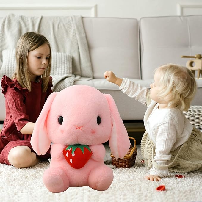 HOUPU Soft Toy - Sitting Lop Eared Rabbit, Easter White Rabbit Stuffed Bunny Animal with Carrot Soft Lovely Realistic Long-Eared Standing Pink Plush Toys (Pink-Strawberry,12.5in/32cm)