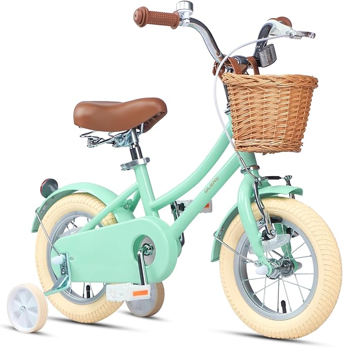Glerc Little Molly 12-20 Inch Kids Retro Cruiser Bike for 2-13 Year Old with Wicker Basket & Training Wheels/Kickstand, Multiple Colors