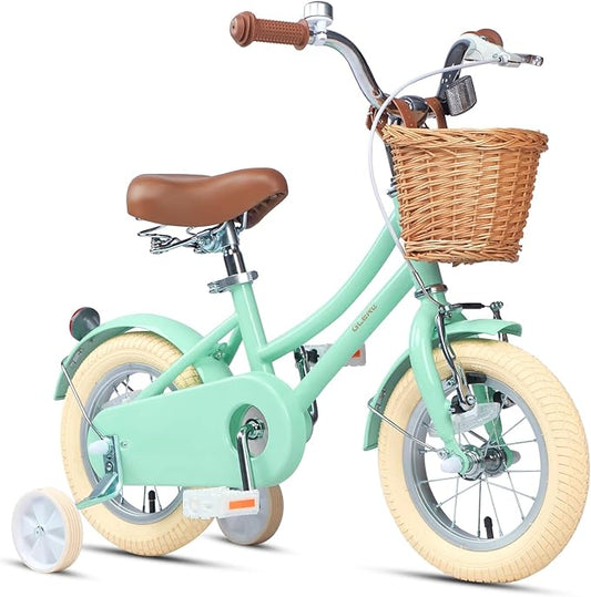 Glerc Little Molly 12-20 Inch Kids Retro Cruiser Bike for 2-13 Year Old with Wicker Basket & Training Wheels/Kickstand, Multiple Colors