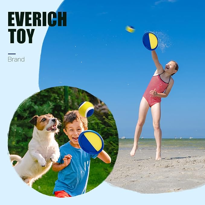 EVERICH Upgraded Toss and Catch Ball Game Set - Indoor and Outdoor Games for Kids 3-12, Beach Sand Pool Water Toy Includes 2 Paddles 2 Sticky Balls, Great Birthday Easter Gifts for Boys Girls