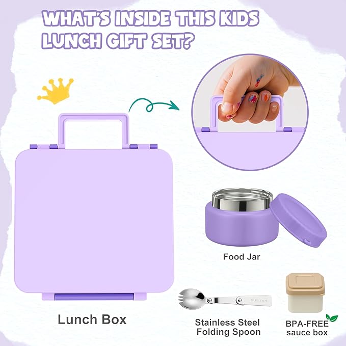 Bento Lunch Box for Kids with 9oz Soup Thermo Leak-Proof Lunch Food Container with 5 Compartment Thermo Hot Food Jar and Insulated Lunch Bag for Kid Toddler Girls Boys to School(Purple)