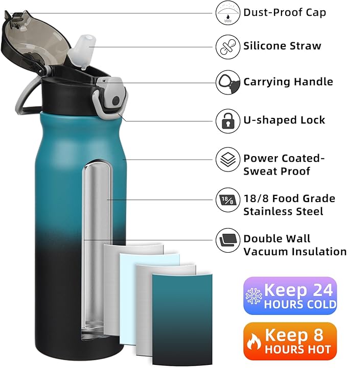 BJPKPK Water Bottle With Straw 25oz Insulated Water Bottles Reusable Stainless Steel Metal Thermo With Leak Proof Lockable Lid And Carry Handle,Indigo Black