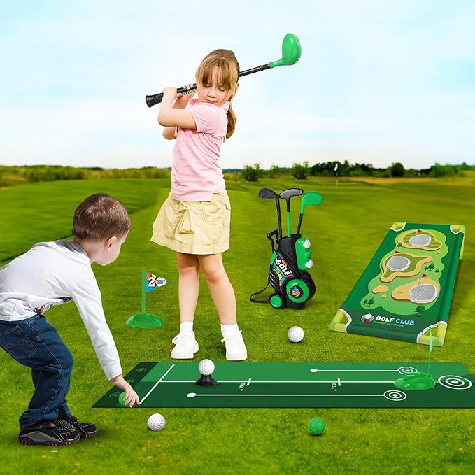 Liberry Toddler Golf Set for Age 2 3 4 5 Boys Girls, Upgraded Kids Golf Cart with Putting Mat & Cornhole Board, Outdoor Indoor Sports Toys for Birthday, Black