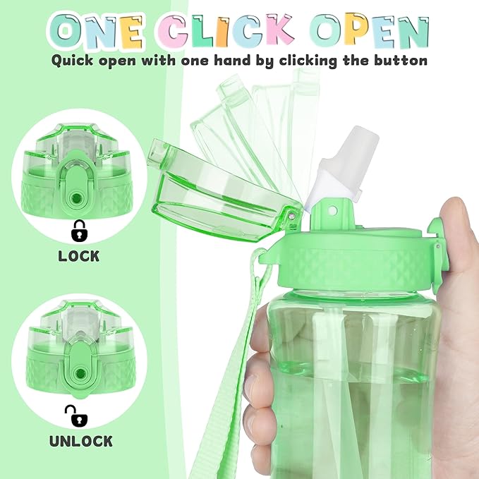OLDLEY 12oz Kids Motivational Water Bottle for School Girls & Boys, Leak-Proof Tritan BPA-Free, Reusable Bottle with Silicone Straw, Pear