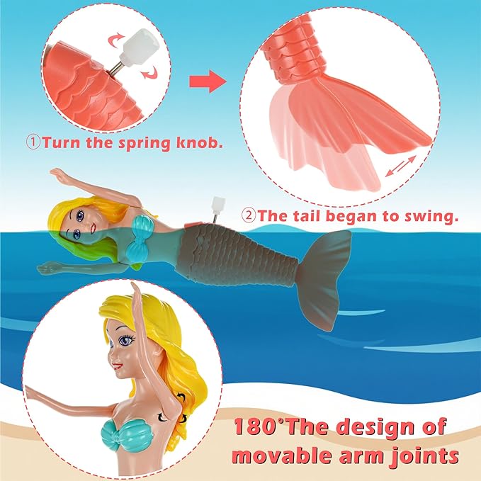 12-Pack Wind-Up Mermaid Bath Toys for Kids -Toddler Bath Toys for Kids Moving Tail Priness Doll Diverse Hair Colors & Styles Mermaids, Swimming Pool Party Favors