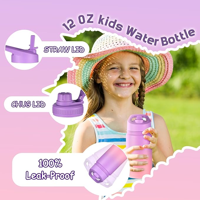 Mininoo Insulated Kids Water Bottle, 12 oz Stainless Steel Water Bottle Kids with Straw Lid and Chug Lid for Girls, Boys (Purple/Pink)