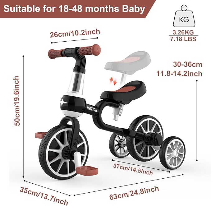 XIAPIA 3 in 1 Toddler Bike for 2-4 Year Old Girl Boy, Kids Tricycle with Adjustable Seat, Detachable Pedal and Training Wheels, Baby Balance Bike Trikes Riding Toys, Kids Chirstmas Birthday Gifts Pink