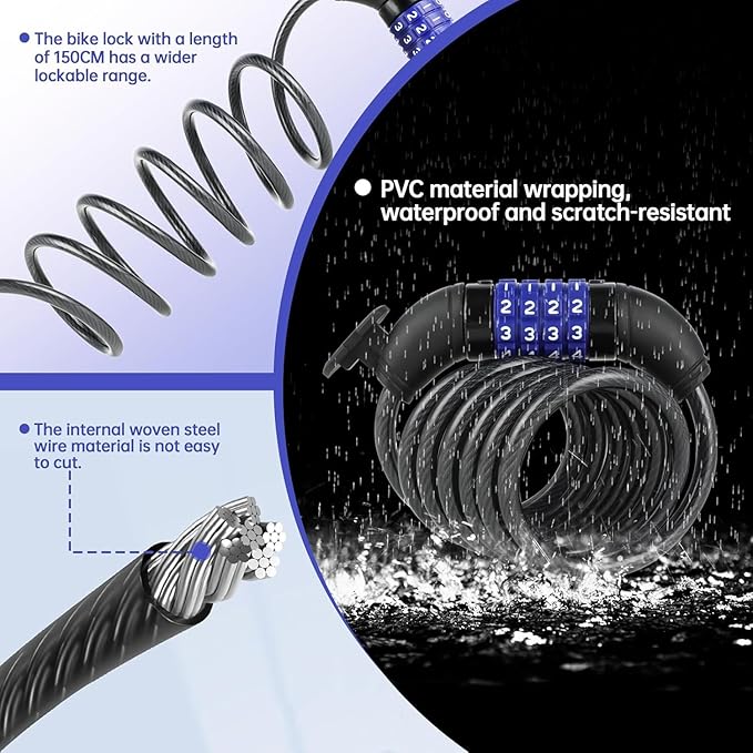 Light Bike Lock Cable,Anti Theft Cable Lock,4 Digit Security Resettable Bike Combination Lock, for E-Scooter, Electric Bike, Mountain Bike,Bicycle, Motorbikes（Blue）