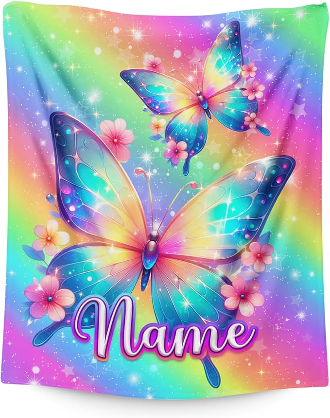 Butterfly Blankets for Girls Custom Throw Blankets Gift for Kids Children - 40x50 Inches Small Soft Fuzzy Personalized Name Flannel Accessories Throw Gifts for Travel Camp Couch