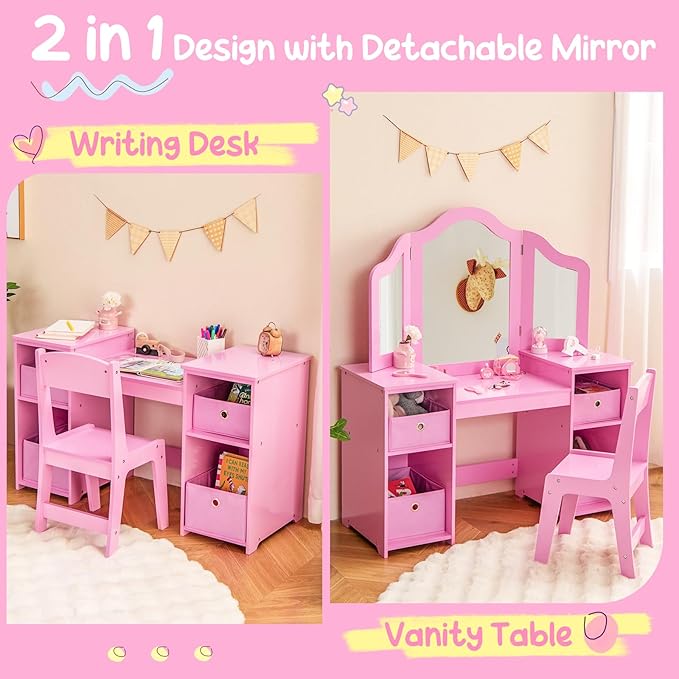 Costzon Kids Vanity, 2 in 1 Princess Makeup Desk & Chair Set with Tri-Folding Mirror, 4 Storage Bins, Wooden Toddler Vanity Dressing Table, Vanity Set for Little Girls (Pink)