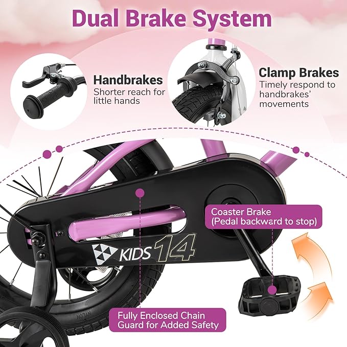 COSTWAY 12/14/16/18 Inch Kids Bike, Children Toddler Bicycle with Training Wheels, Adjustable Seat & Handlebar, Handbrake & Coaster Brake, Reflectors, Bell, Suitable for 3-8 Years Old Boys Girls