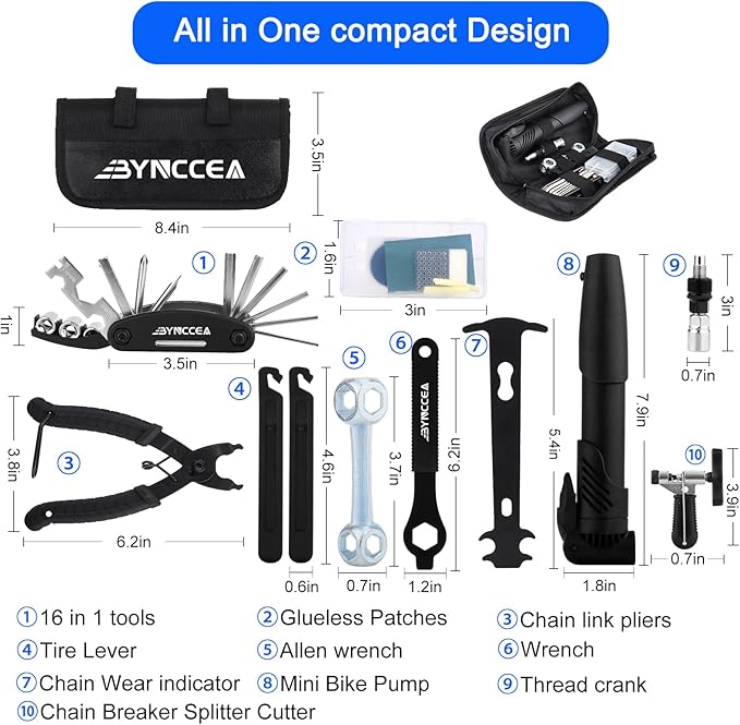 Bynccea Bike Tire Repair Tool Kit with Tire Pump, Portable Bicycle Repair Bag Bicycle Tyre Lever Patch Repair Tools, All in One Bicycle Tire Patch Kit for Mountain Bike and Road Bike