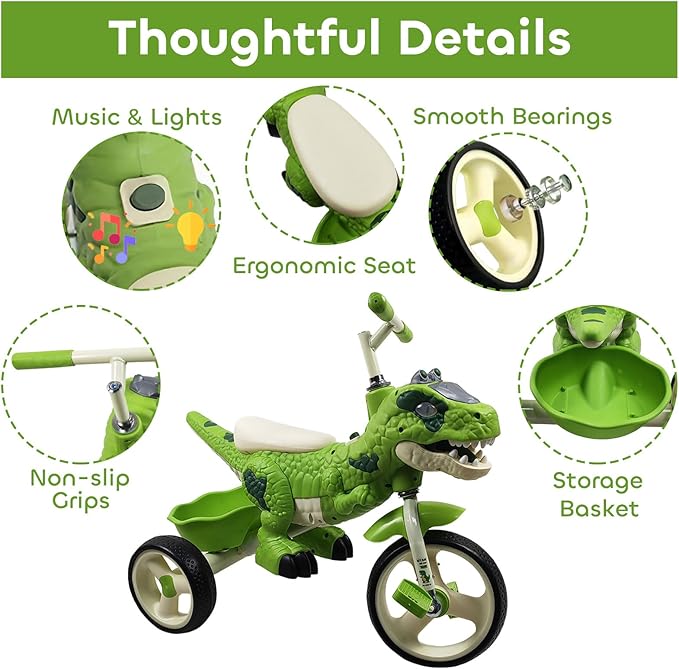 Dinosaur Kids Tricycle for Ages 2-6, Toddler Tricycle Bike Big Wheel Trike with Music Lighting and Rubber Tires, Preschool Daycare Kids Bike, Gift and Toy for 2-6 Boys and Girls
