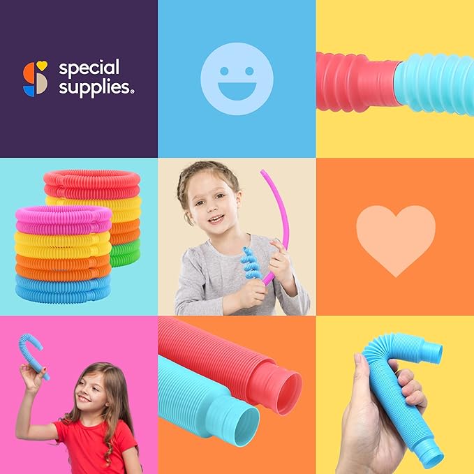 Special Supplies Fun Pull and Stretch Tubes for Kids - Pop, Bend, Build, and Connect Toy, Provide Tactile and Auditory Sensory Play, Colorful, Heavy-Duty Plastic (30-Pack Primary Colors)