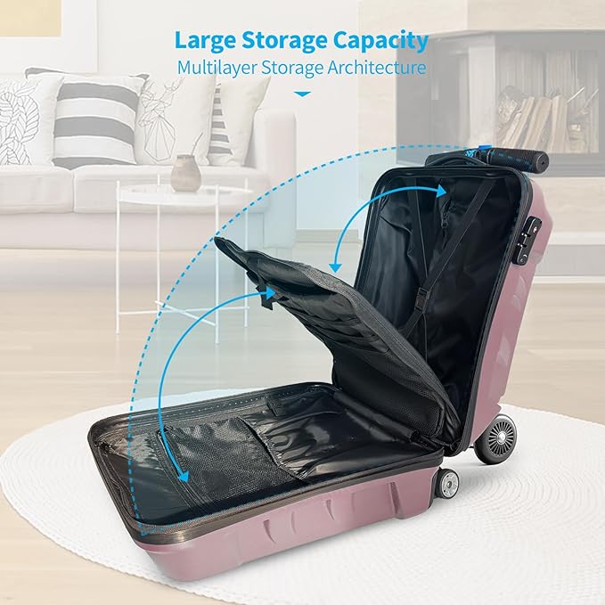 Scooter Suitcase 3-D Hardshell Ride Scooter Luggage for Kids Age 7-15, Cute Lightweight Kids Luggage with Wheels, Multifunctional Ride On Travel Trolley Scooter Combo-PINK, Girls Boys Suitcase