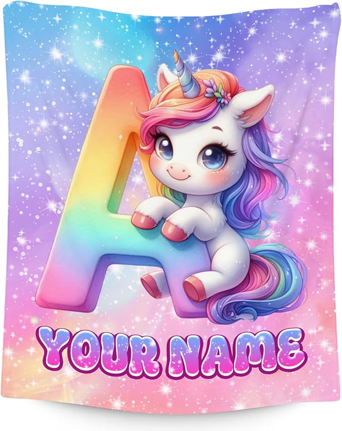 Unicorn Blanket - Personalized Girls Blanket with Name for Kids - Custom Monogram Gifts for Daughter - Plush Soft Fleece Throws - 4 Sizes for Toddler/Children/Teens/Adults