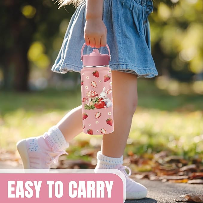 Bunny Gifts for Girls, Cute Water Bottle 16 oz Rabbits Strawberries Water Bottles with Straw Lid, Stainless Steel Insulated Tumbler, Cute Bunny Cup Gifts for Birthday Christmas