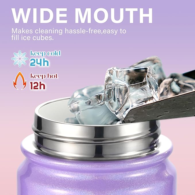 Mininoo Kids Water Bottle for School - 16 oz Stainless Steel Insulated Water Bottle with Ceramic-Lined, Leakproof Straw Lid & Beaded Handle for Girls & Boys