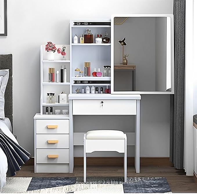 KUIKUI Makeup Vanity Desk Mirror with Lights, Vanity Desk with Mirror and Lights, Vanity Mirror with Lights Desk and Chair, 35.43''x15.35''x53.15'', 4 Drawers