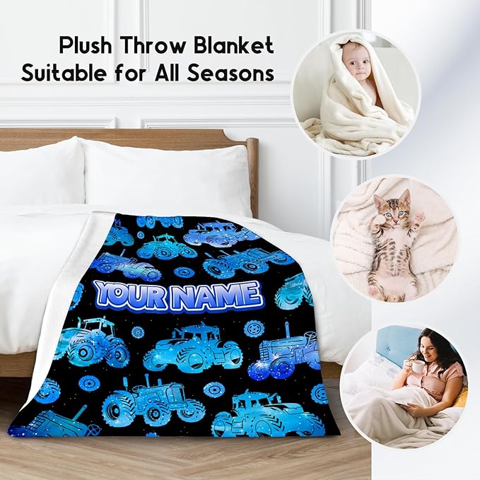 Personalized Tractor Blanket with Name, Tractors for Kids Ages 4-8 5-7 Throw Blanket, Kids Blanket for Car Lovers, Boys Throw Blanket Tractor Room Decor for Bed Couch Sofa (Blue, 50x60 Inch)