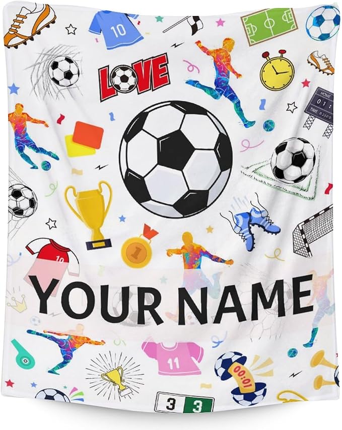 Personalized Soccer Blanket for Kids - 40x50 Inches Small Size - Soft Fuzzy Cozy Throws Gifts for Soccer Players - Colorful Sports Throw Blanket for Couch, Living Room & Office