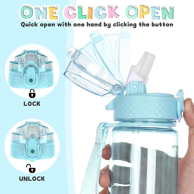 OLDLEY 17oz Kids Motivational Water Bottle, Silicone Straw, Leak-Proof Tritan BPA-Free, Reusable for School Girls & Boys, Cerulean