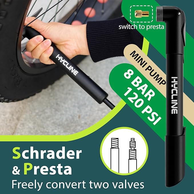 Hycline Mini Bike Pump - 120 PSI Portable Bicycle Frame Pump for MTB BMX Road Tires, Air Ball Pump Inflator with Ball Pump Needles Fits Presta & Schrader Valve