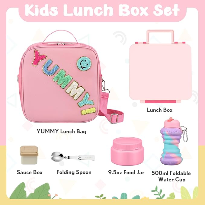 Bento Lunch Box with 10oz Soup Thermo for Kids Insulated Lunch Bag & Foldable Silicone Cup Food Leak Proof Food Container with 5 Compartment for Kid to Shool Travel