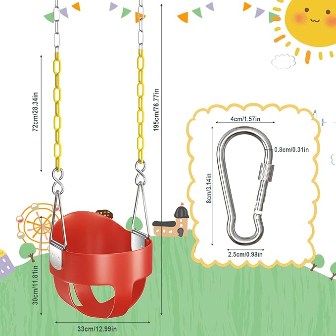 AGPTEK High Back Full Bucket Toddler Swing Seat Infant Swing with Yellow Coated Swing Chains and Carabiners Baby Swing Outdoor for Easy Install(Red)